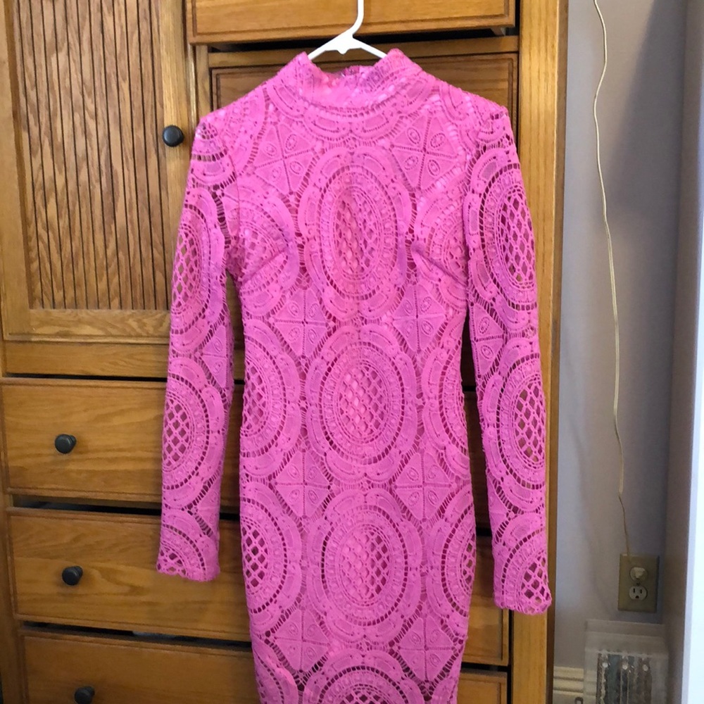 Beautiful pink lace dress with long sleeves and mock neck, 6
